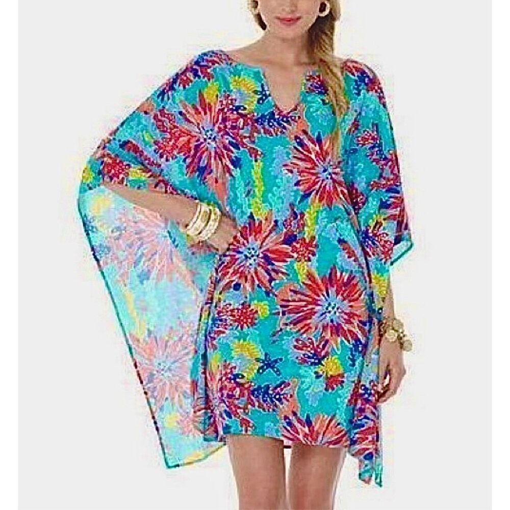 Lilly Pulitzer Stefani Dress Trippin & Sippin Beach Coverup Aqua Pink Cruisewear - Picture 2 of 12